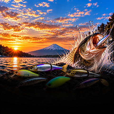 A pile of colorful EIS VOGEL and BOREAS fishing lures lies on a dark shore in front of a dramatic sunset over a lake, with a large fish jumping out of the water near the right side. The scene is highly stylized and dramatic, with strong golden hour lighting and a mountain in the background.